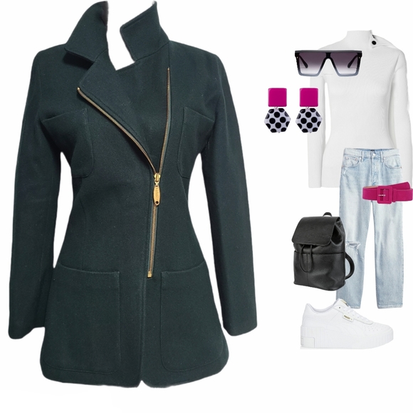 Armani Jeans Jackets & Blazers - Armani Jeans Dark Green Asymmetrical Zip Wool Blend Jacket with Gold Hardware
